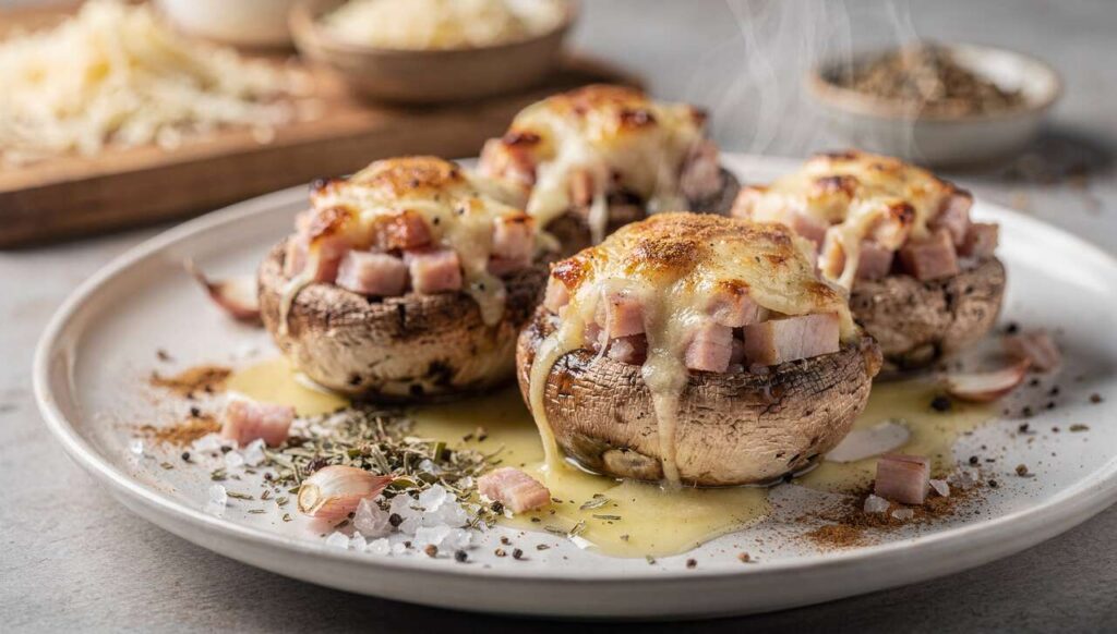 Champignons farcis au jambon et gruyère allégé : recette savoureuse