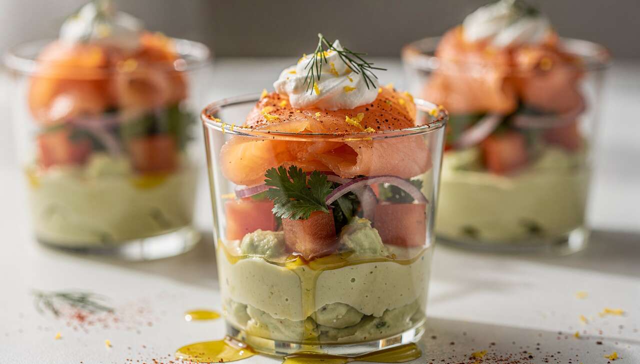 Verrines légères d'avocat, guacamole et saumon fumé