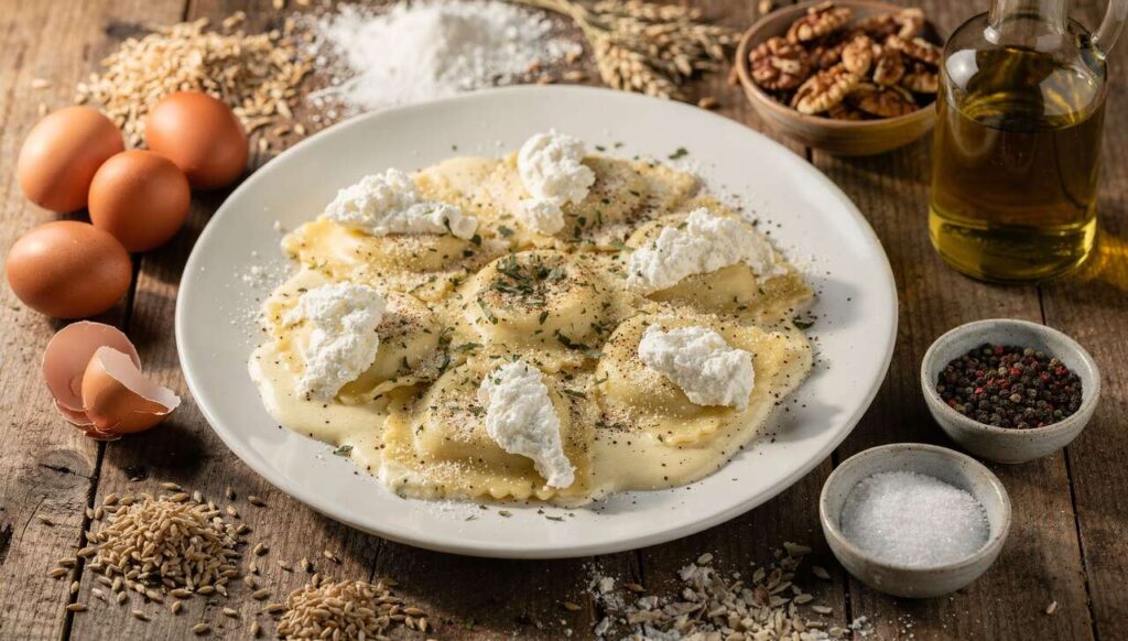 Raviolis au fromage et basilic : sauce béchamel légère aux noix
