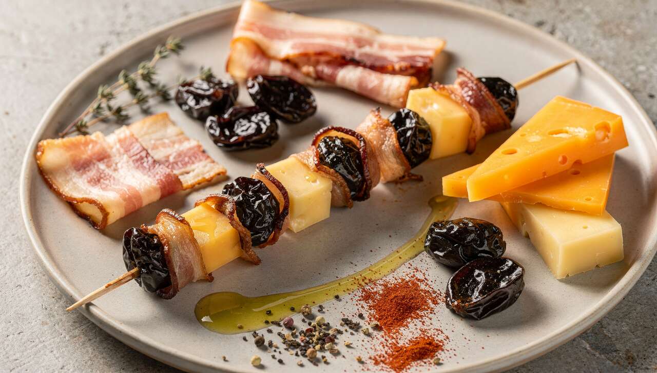 Brochette de lard fumé, pruneaux et fromage : recette savoureuse
