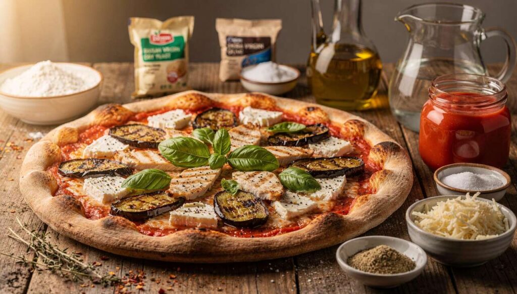 Pizza au chèvre frais, poulet, aubergine et basilic