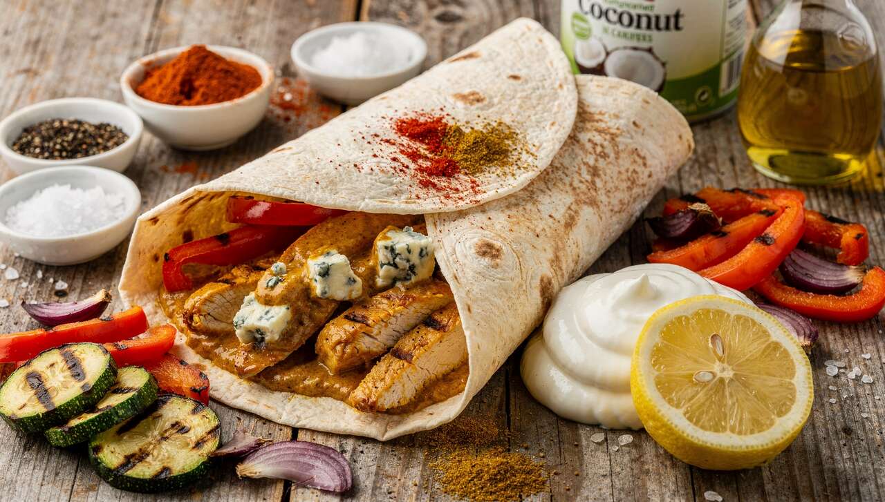 Wrap au poulet curry, bleu et légumes grillés : recette gourmande