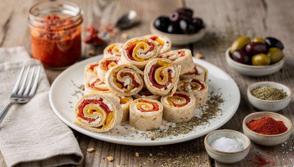 Roulés apéritifs au fromage de brebis et poivrons grillés : recette savoureuse