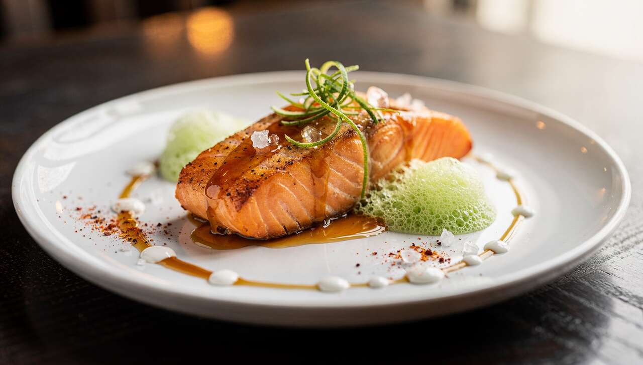 Saumon au caramel d&rsquo;agrumes et mousse de petits pois légère : recette gourmande