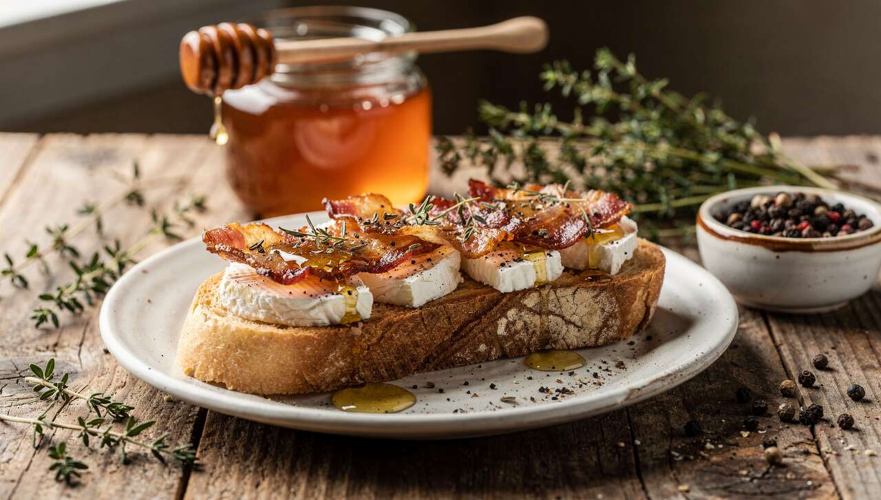 Tartine aux lardons et fromage de chèvre frais
