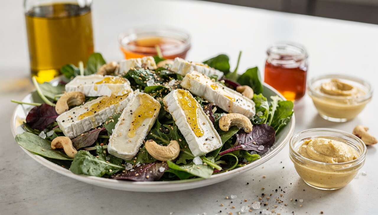 Salade de mesclun, fromage et vinaigrette au yuzu : recette fraîche et savoureuse