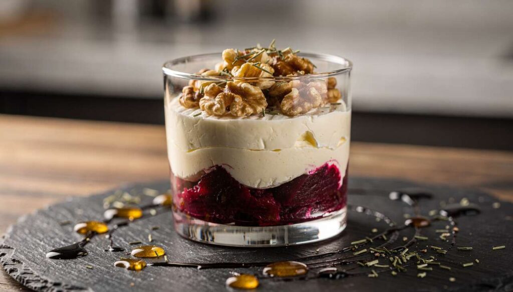 Verrine Betterave, noix et Crème de Camembert : recette Gourmande