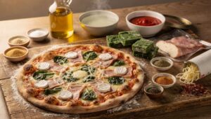 Pizza au jambon, épinards et chèvre frais : recette gourmande
