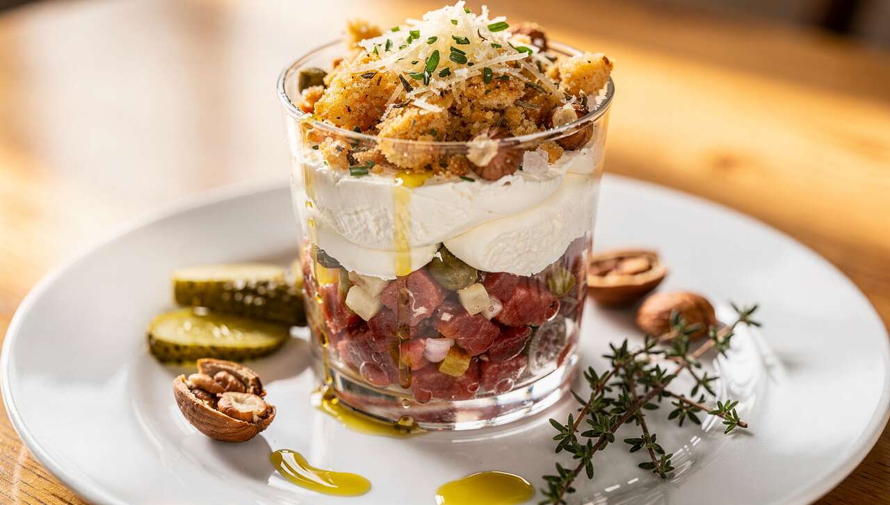 Verrine tartare de bœuf, fromage et crumble noisette : recette gourmande