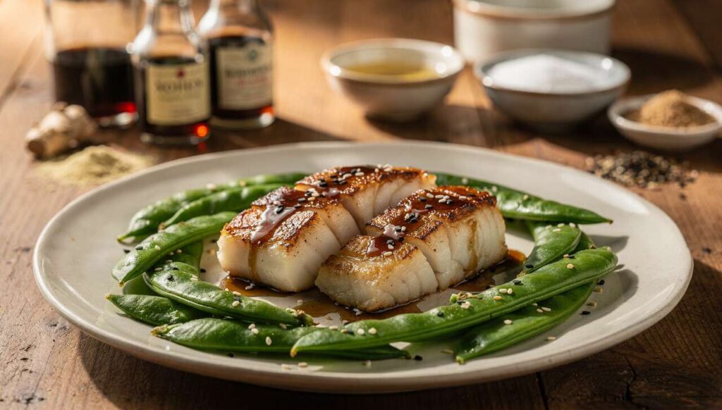 Pavés de cabillaud teriyaki aux pois gourmands