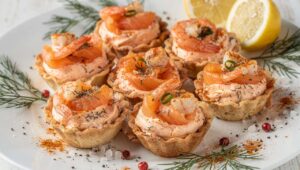 Tartelettes légères : mousse de saumon light et crevettes roses