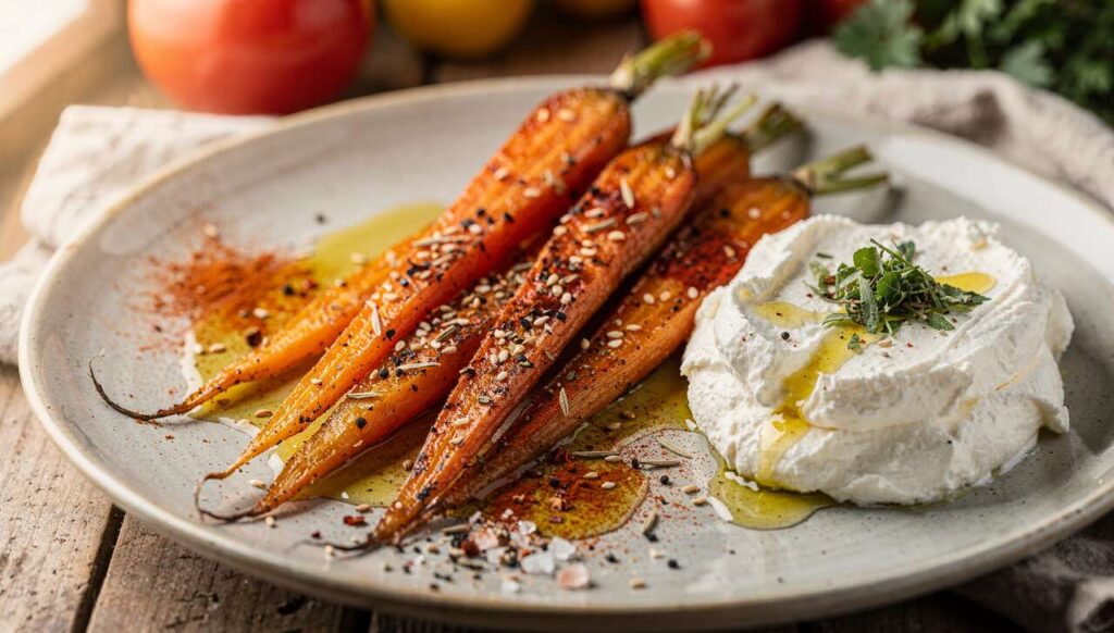 Recette de carottes rôties et fromage frais aux herbes façon retour du marché