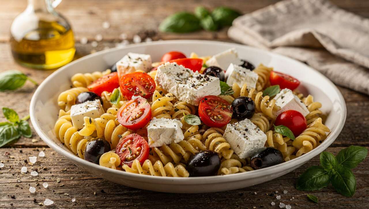 Salade de pâtes : recette avec tomates cerise, olives et fromage frais