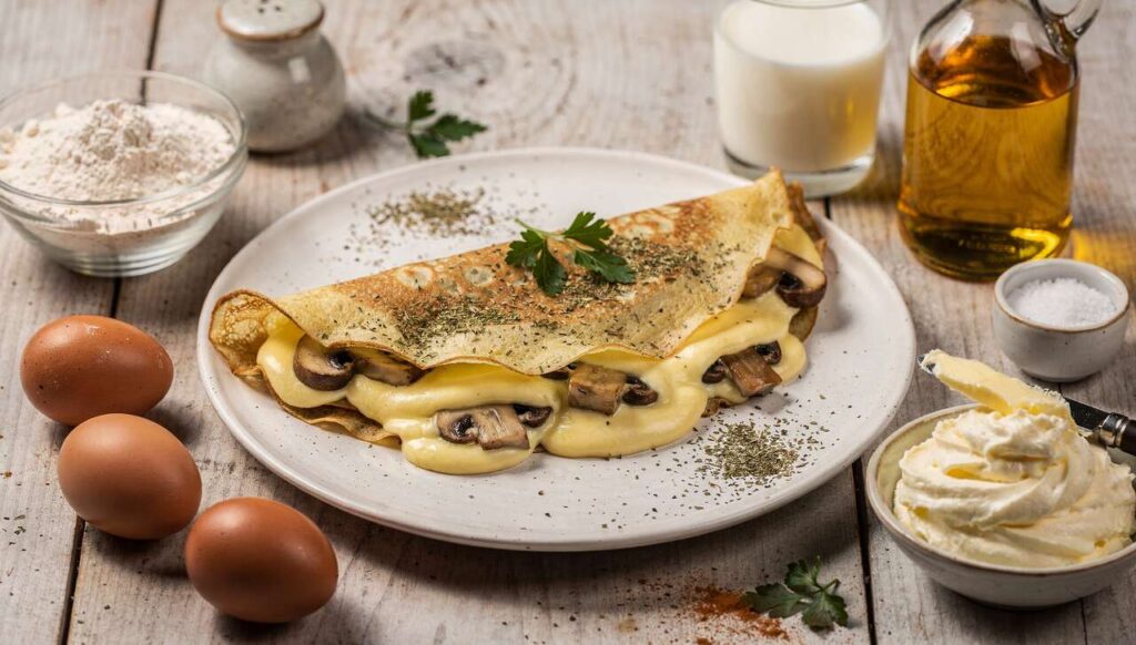 Crêpes salées légères : champignons, persil et béchamel à l'œuf