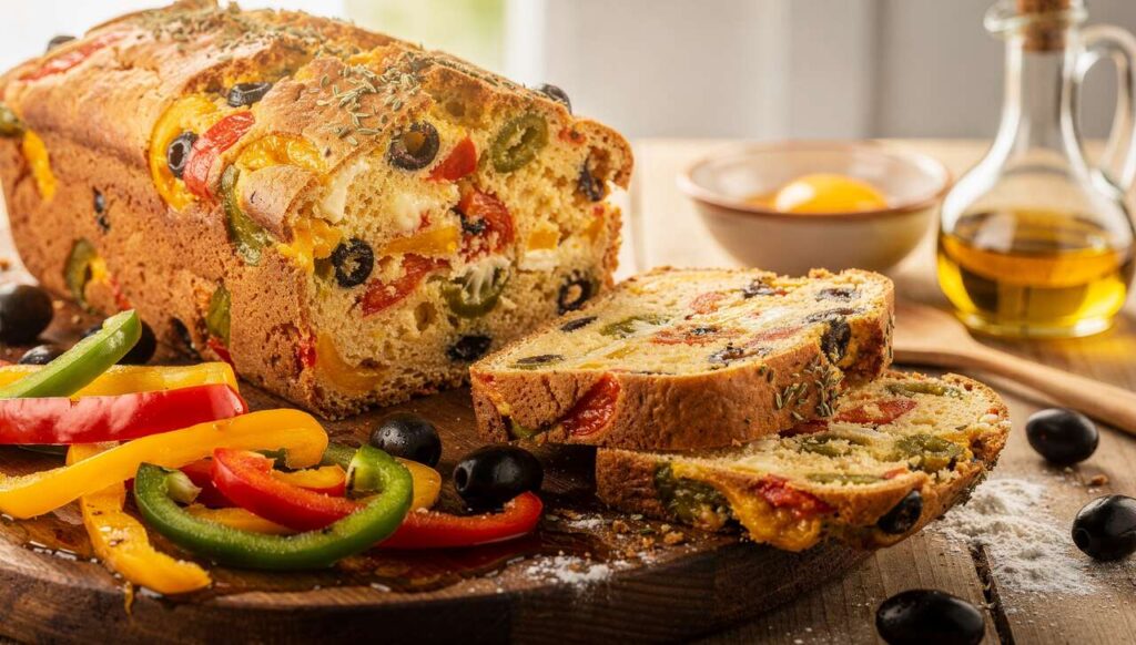 Cake aux 3 poivrons, olives noires et fromage de brebis