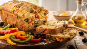 Cake aux 3 poivrons, olives noires et fromage de brebis