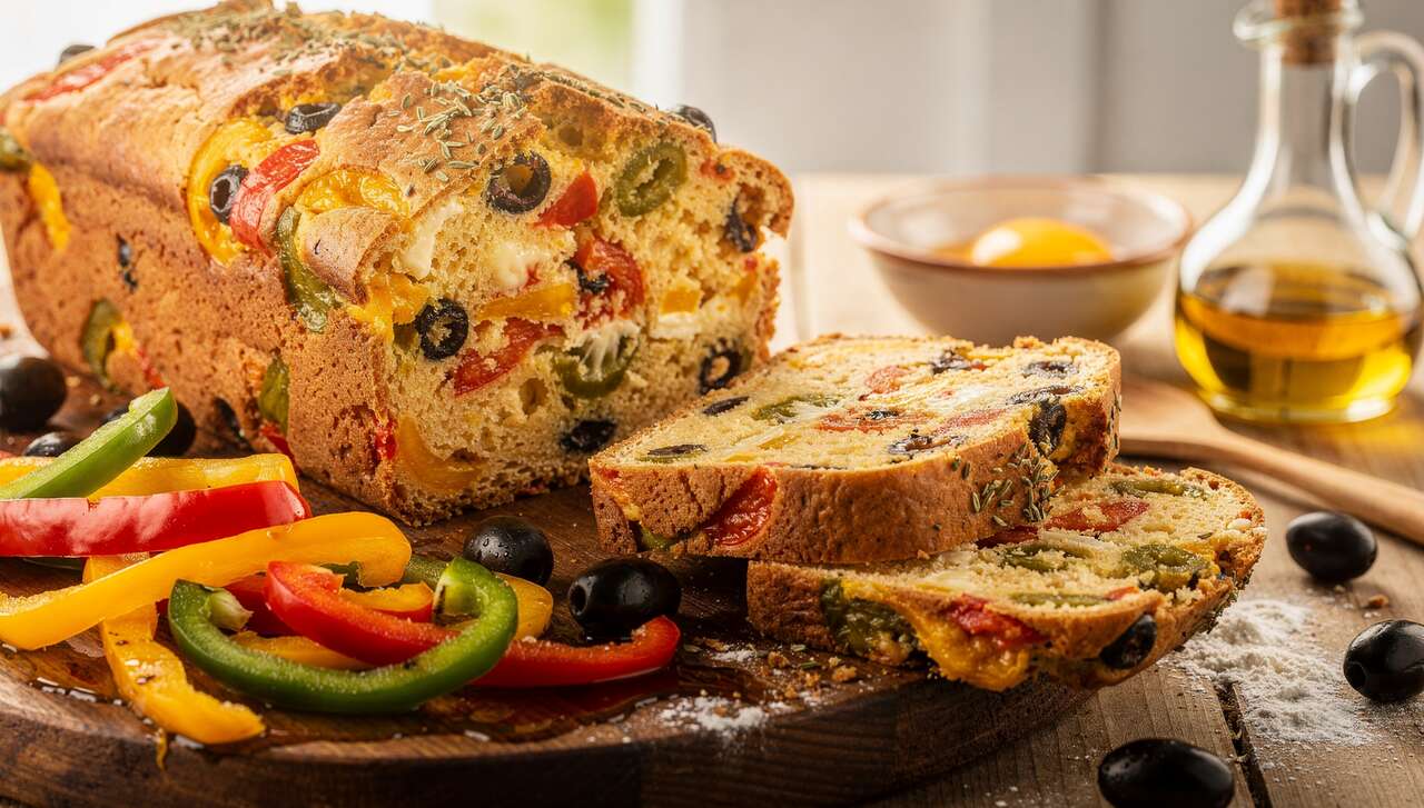 Cake aux 3 poivrons, olives noires et fromage de brebis