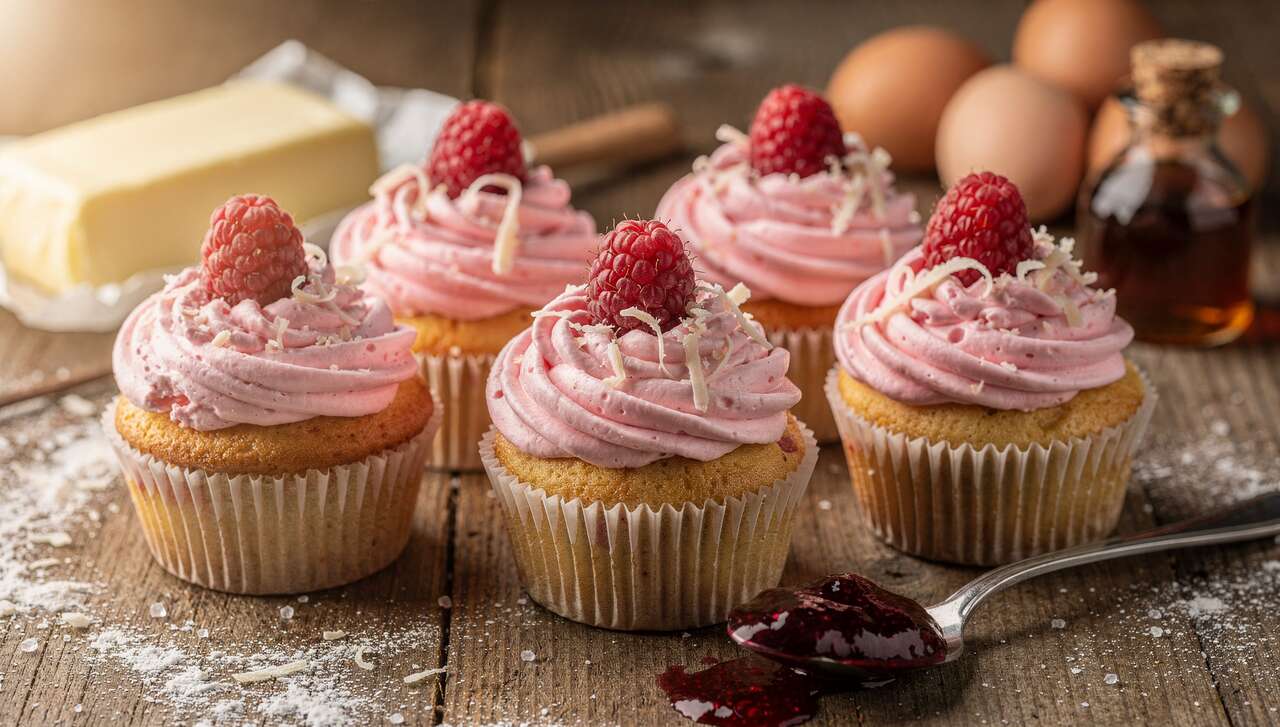 Recette de cupcakes vanille framboise : crème fromage frais et chocolat blanc