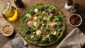 Pizza verte légère au pesto d'épinards sur croûte de brocoli