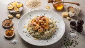 Risotto léger de quinoa au citron confit et crevettes caramélisées