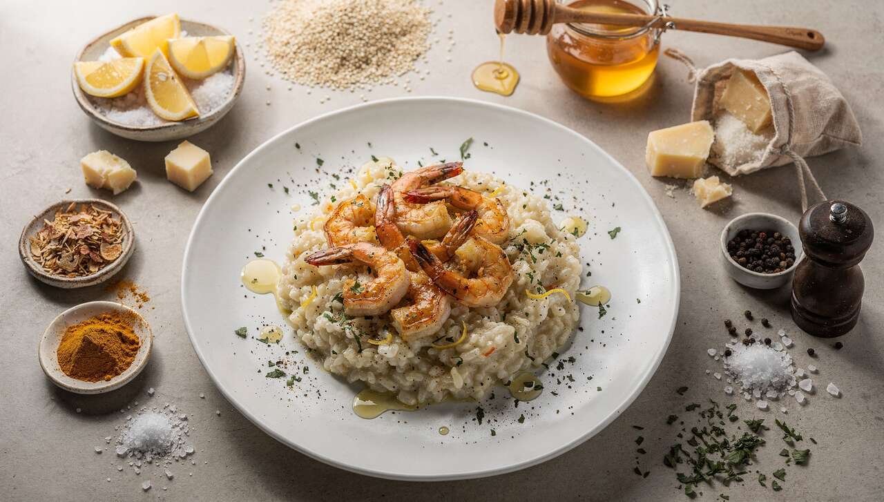 Risotto léger de quinoa au citron confit et crevettes caramélisées