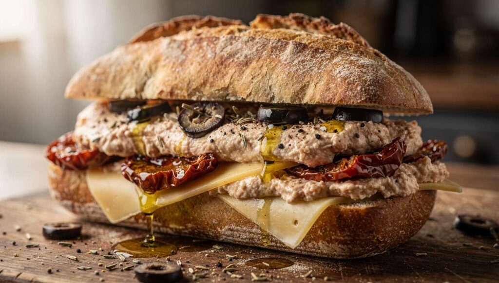 Sandwich tomates, olives, tarama de cabillaud et emmental fondant léger