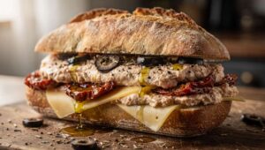 Sandwich tomates, olives, tarama de cabillaud et emmental fondant léger