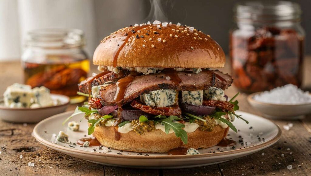 Hamburger de canard mi-fumé au fromage bleu : recette gourmande