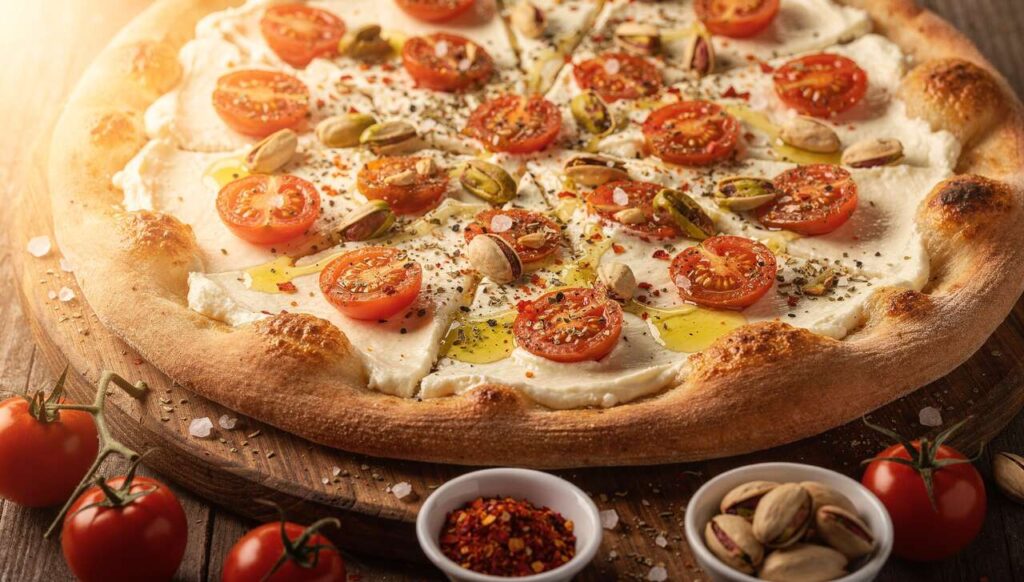 Pizzas express au fromage frais, tomates et pistache : recette savoureuse