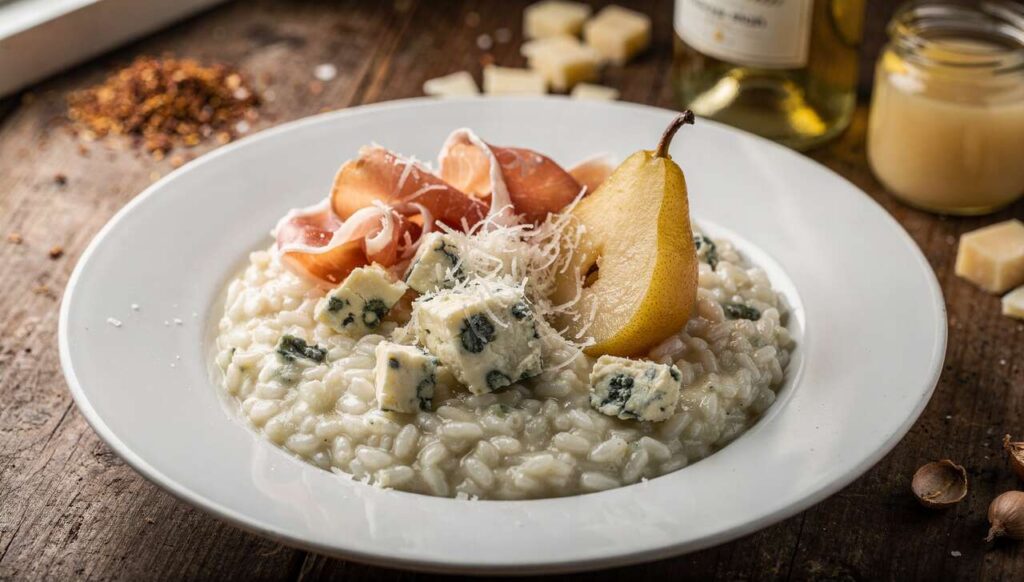 Risotto au Fromage Bleu, jambon Cru et Poire : recette Gourmande