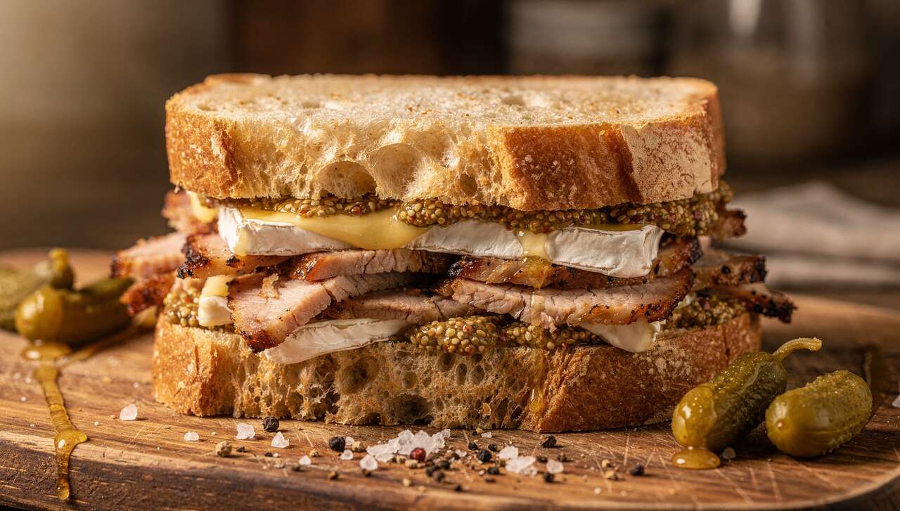 Sandwich rôti de porc, brie et moutarde : recette gourmande