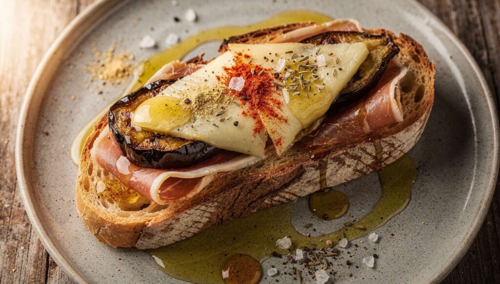 Recette de Toast au Jambon Cru, fromage de Brebis et Aubergine
