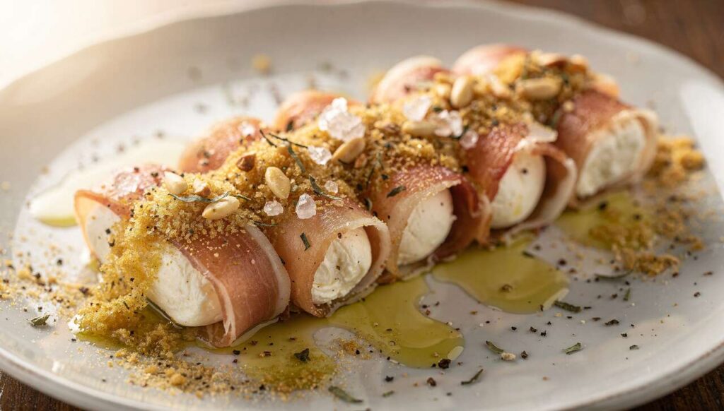 Roulés de jambon de Parme, fromage frais et chapelure de pignon de pin