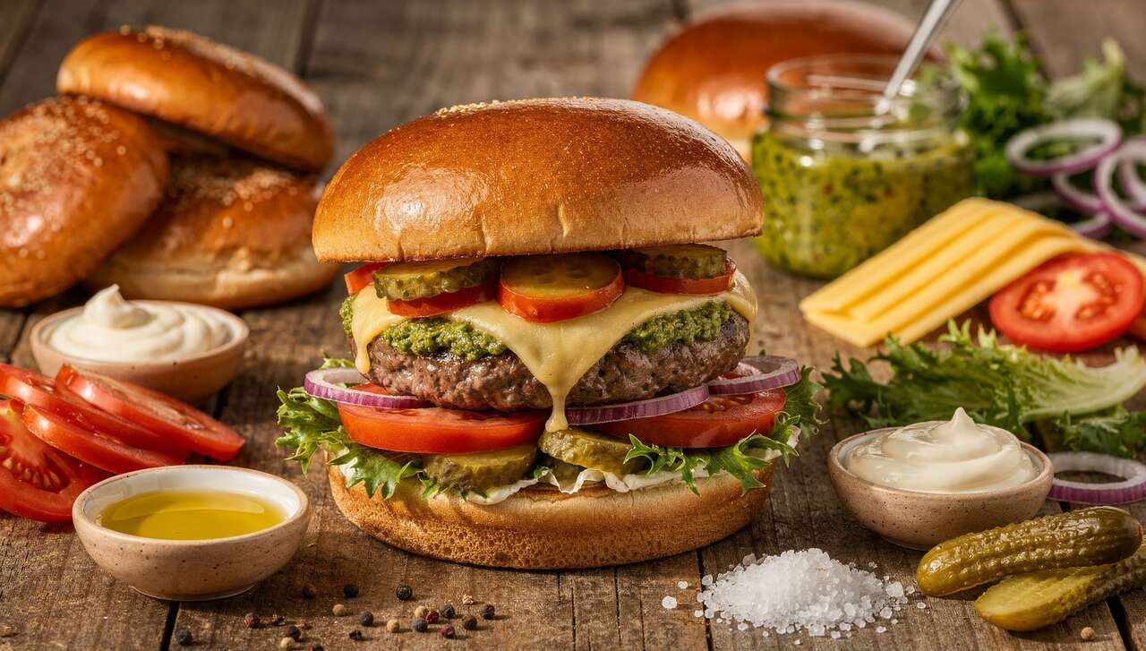 Burger bœuf pesto et fromage à raclette : recette savoureuse