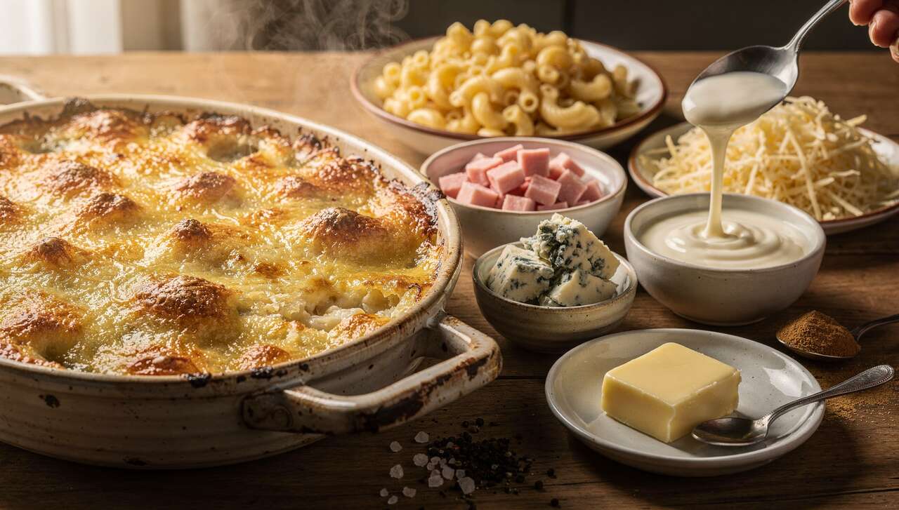 Gratin de coquillettes au jambon et crème de bleu : la recette savoureuse
