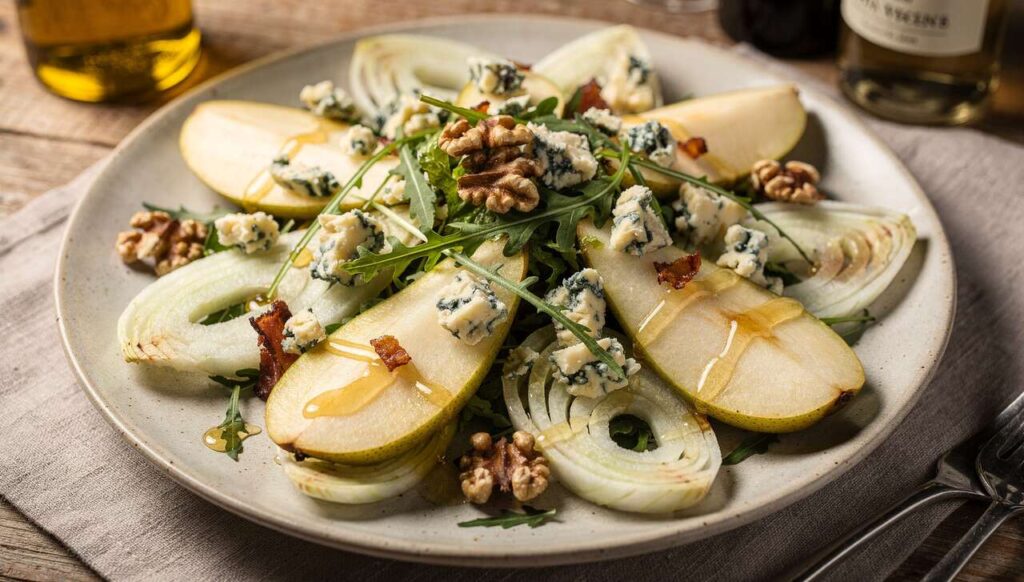 Salade de fenouil croquant au bleu, poire et pancetta croustillante