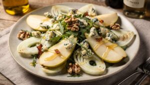 Salade de fenouil croquant au bleu, poire et pancetta croustillante