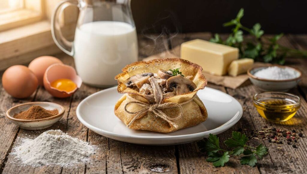 Aumônière de crêpe : recette aux restes de poulet et champignons