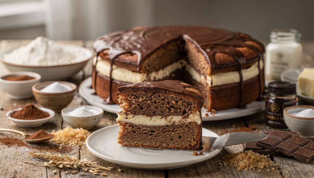 Gâteau au café fourré au cream cheese allégé et ganache légère au chocolat