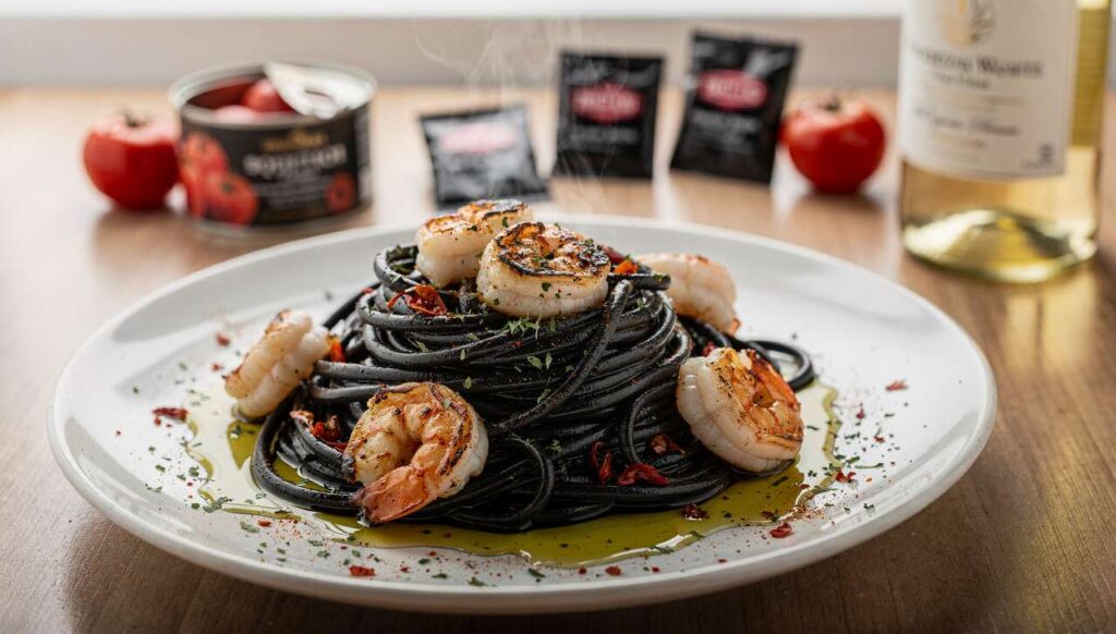 Spaghettis à l'encre de seiche et crevettes : recette légère