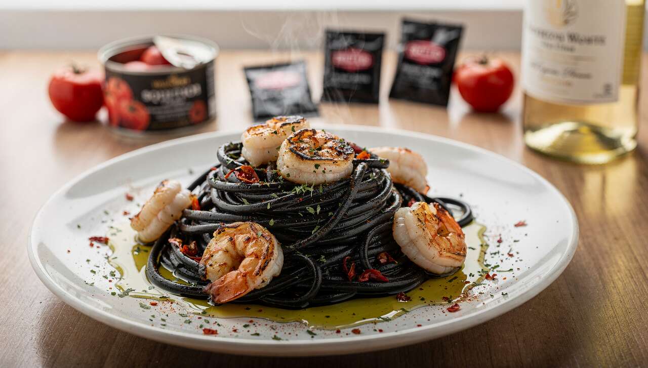 Spaghettis à l'encre de seiche et crevettes : recette légère