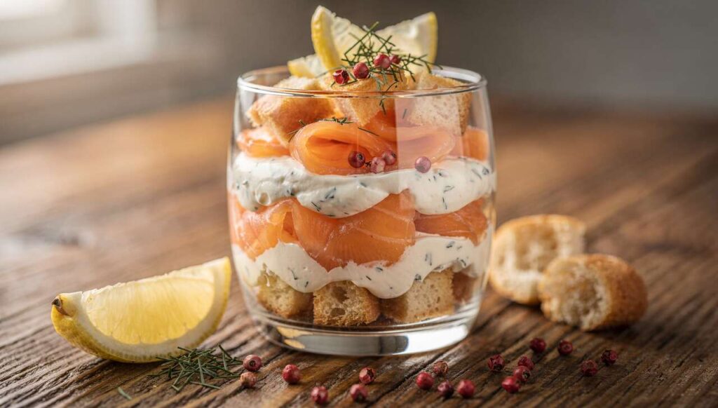 Recette Verrine Saumon Fumé, brioche et Fromage Frais Ail et Fines Herbes