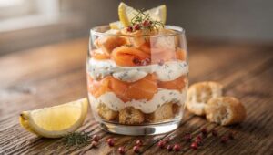 Recette Verrine Saumon Fumé, brioche et Fromage Frais Ail et Fines Herbes