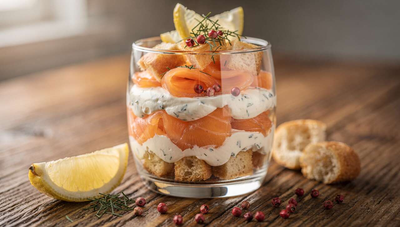 Recette Verrine Saumon Fumé, brioche et Fromage Frais Ail et Fines Herbes