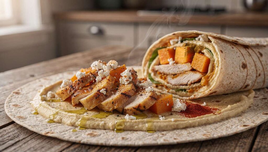 Wrap de poulet au houmous, courge et fromage