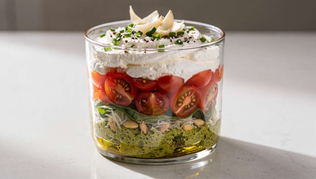 Verrine tricolore : pesto roquette, tomate, fromage frais