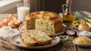 Gâteau invisible salé léger : poireaux, oignon, comté