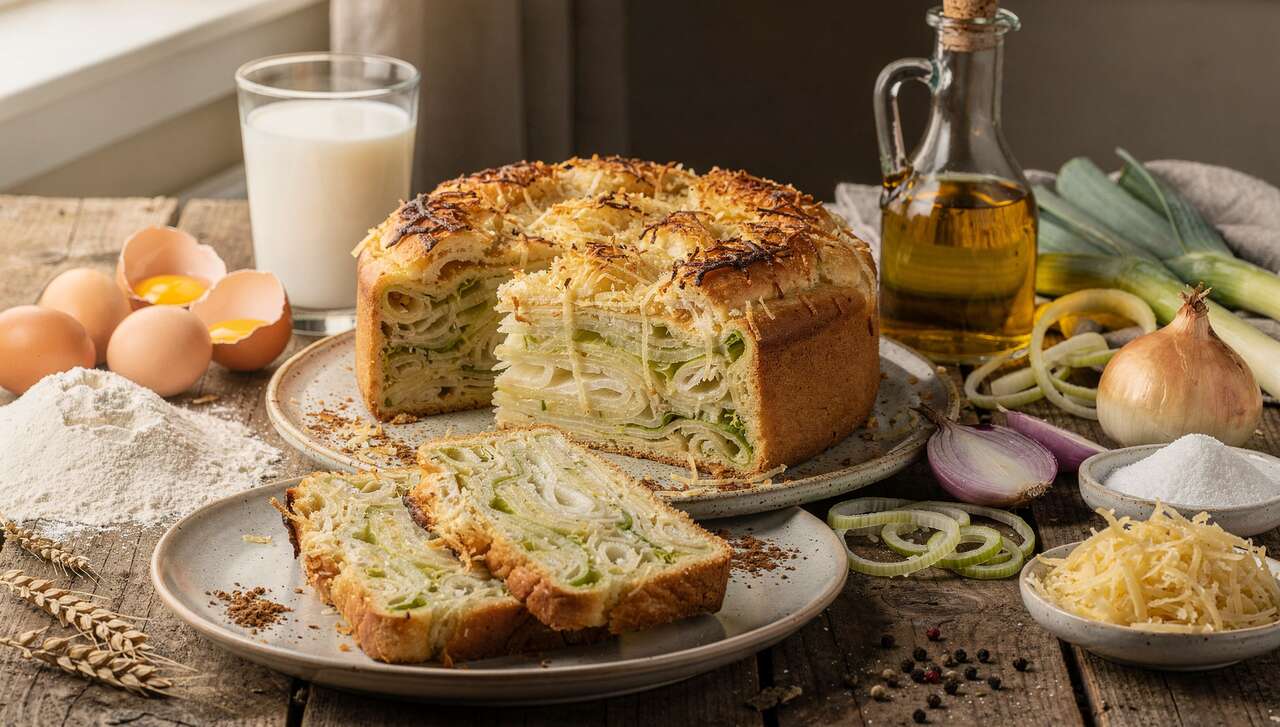 Gâteau invisible salé léger : poireaux, oignon, comté