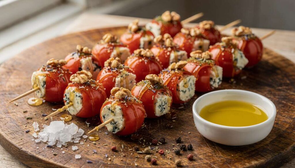 Brochettes de tomates farcies au fromage bleu : recette savoureuse