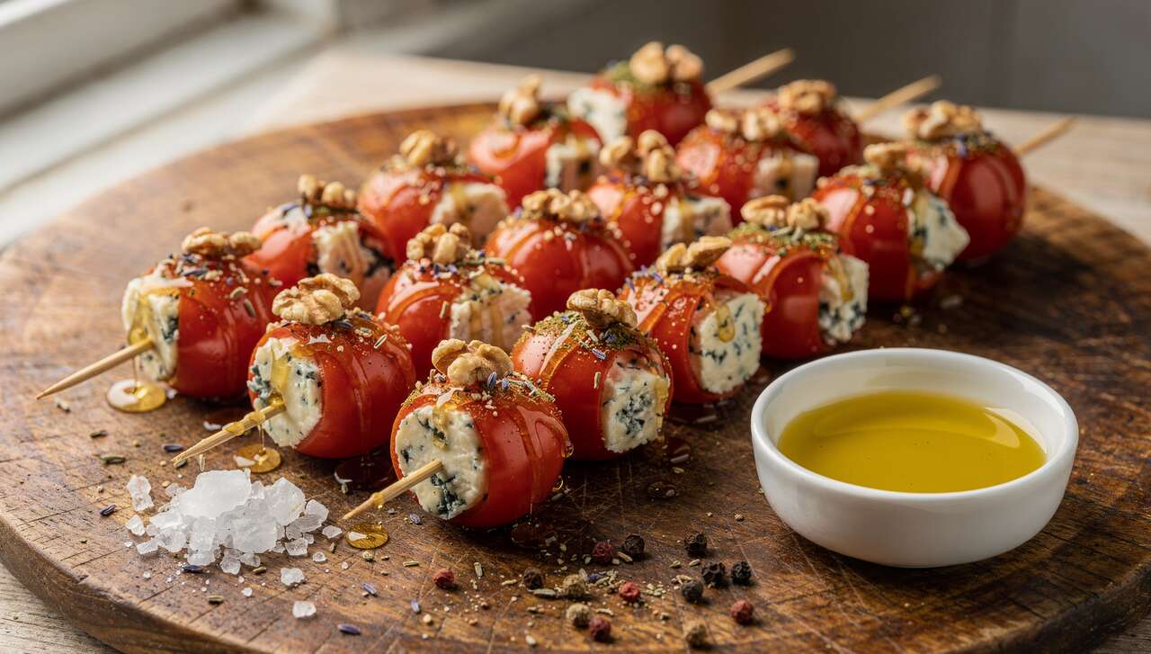Brochettes de tomates farcies au fromage bleu : recette savoureuse